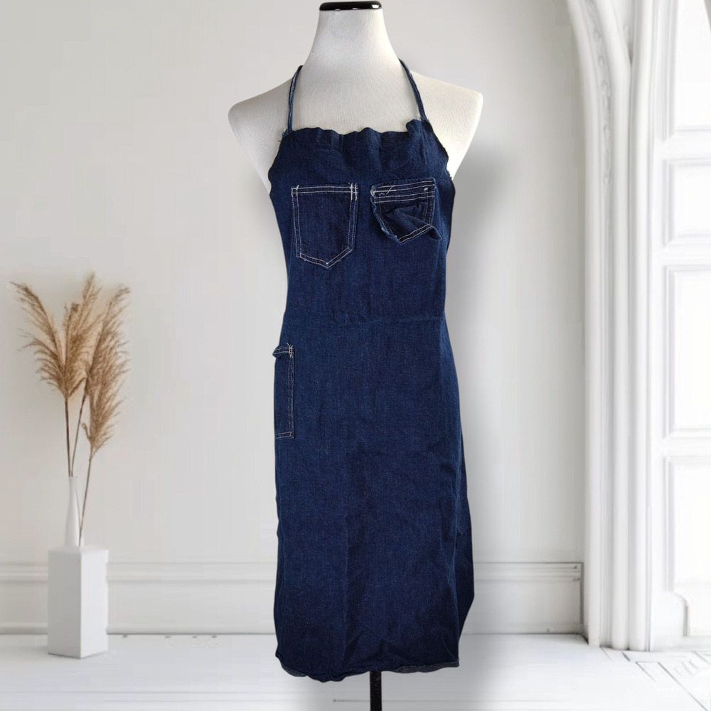 Vintage Pinkline Selvedge Denim Work Apron Indigo Utility Pockets Workwear